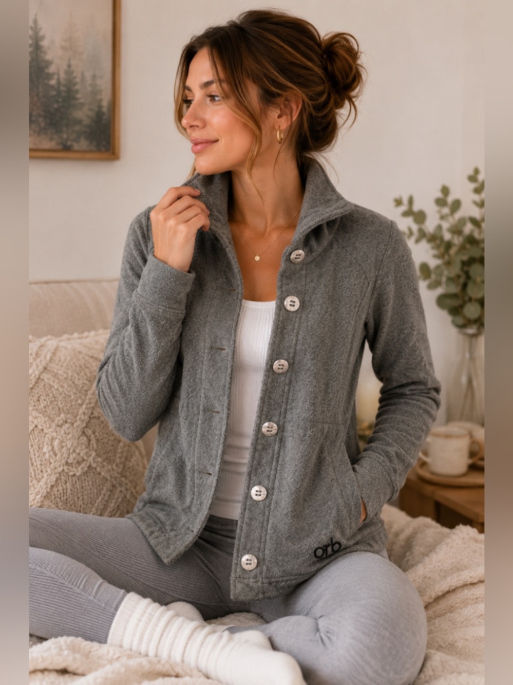Orb Soft‎ Grey Asymmetrical Button Teddy Sweater Jacket